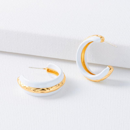 Oufer White Black Enamel w/Brass Open Hoop Earring