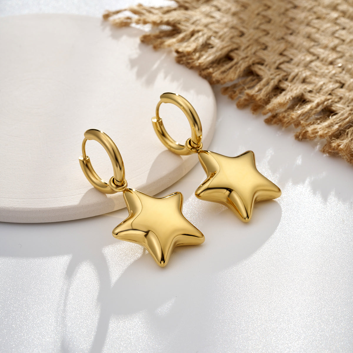 Oufer Stainless Steel Water Safe Bubble Star Hand Polish Charm Dropped Hoop Earring