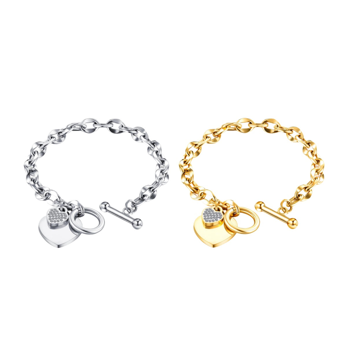 Oufer CZ Heart Charm T-Bar Chunky Chain Bracelet For Woman/Daily/Party