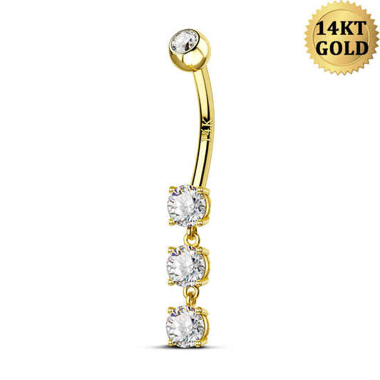 14K Gold Dangle Round CZ Belly Ring 14G Belly Button Ring