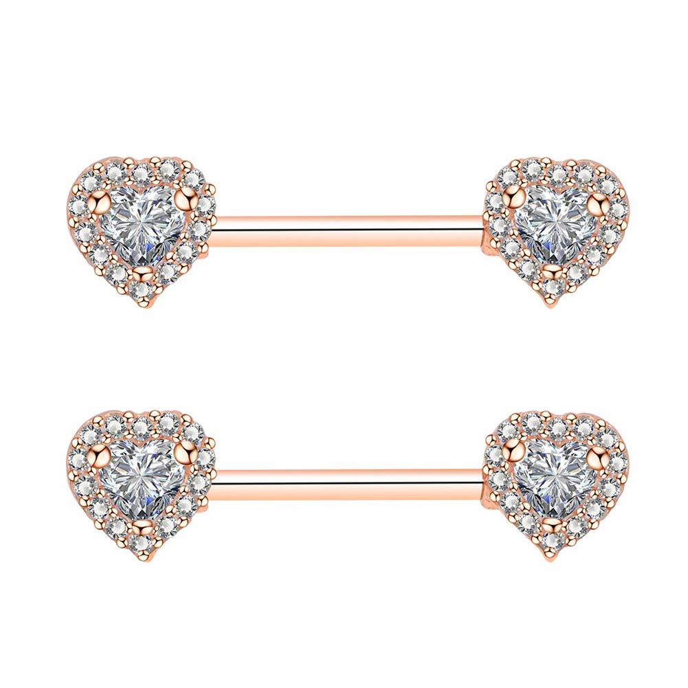 2Pcs 14G 316L Stainless Steel CZ Heart Nipple Jewelry