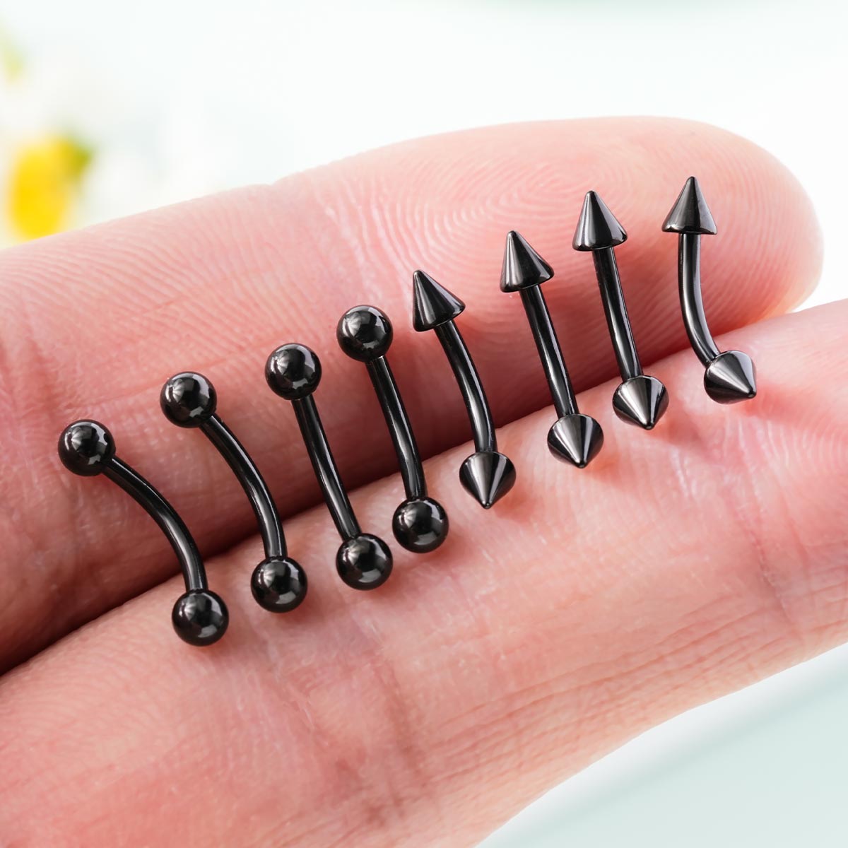 16G 8PCS Balls and Spikes Rook Eyebrow Ring Curved Bar Set