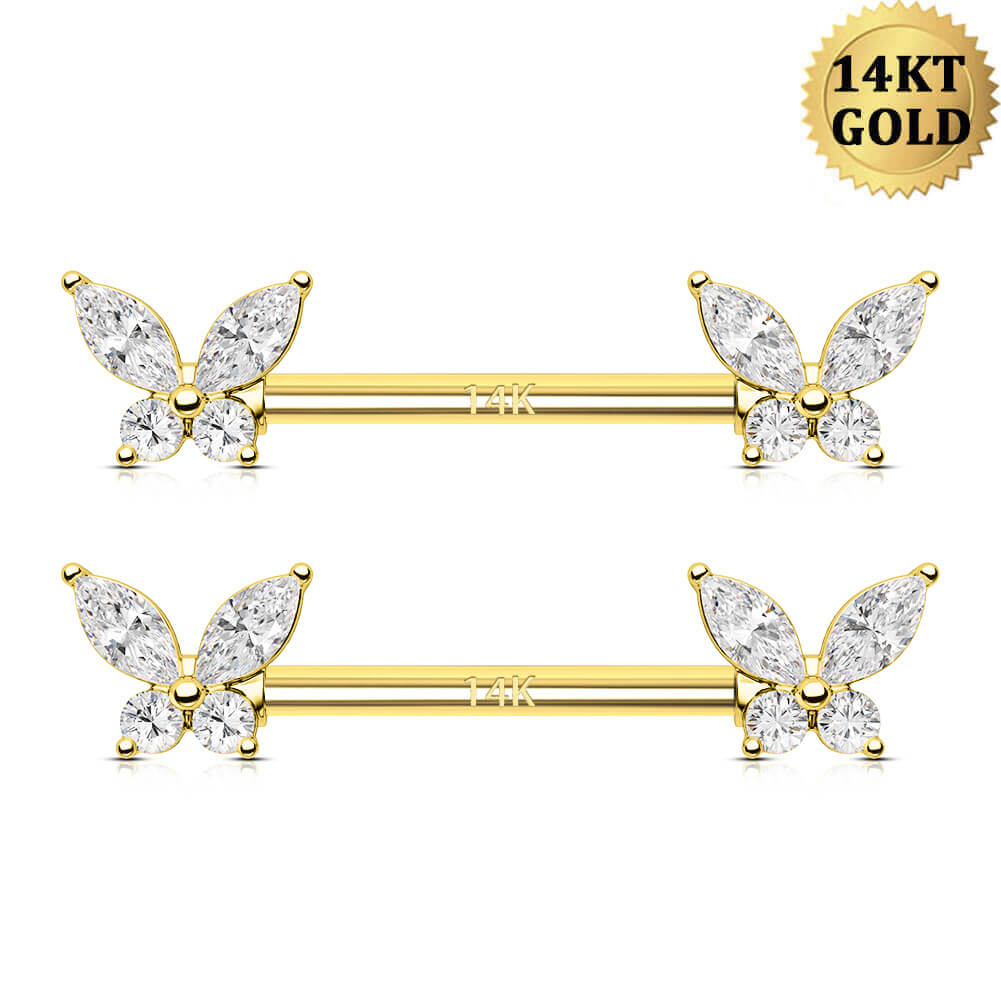 14k gold butterfly nipple piercings