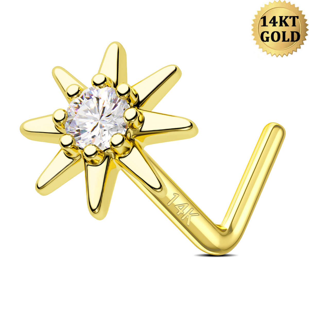 14K Solid Gold 20G Sun L-Shape Nose Stud