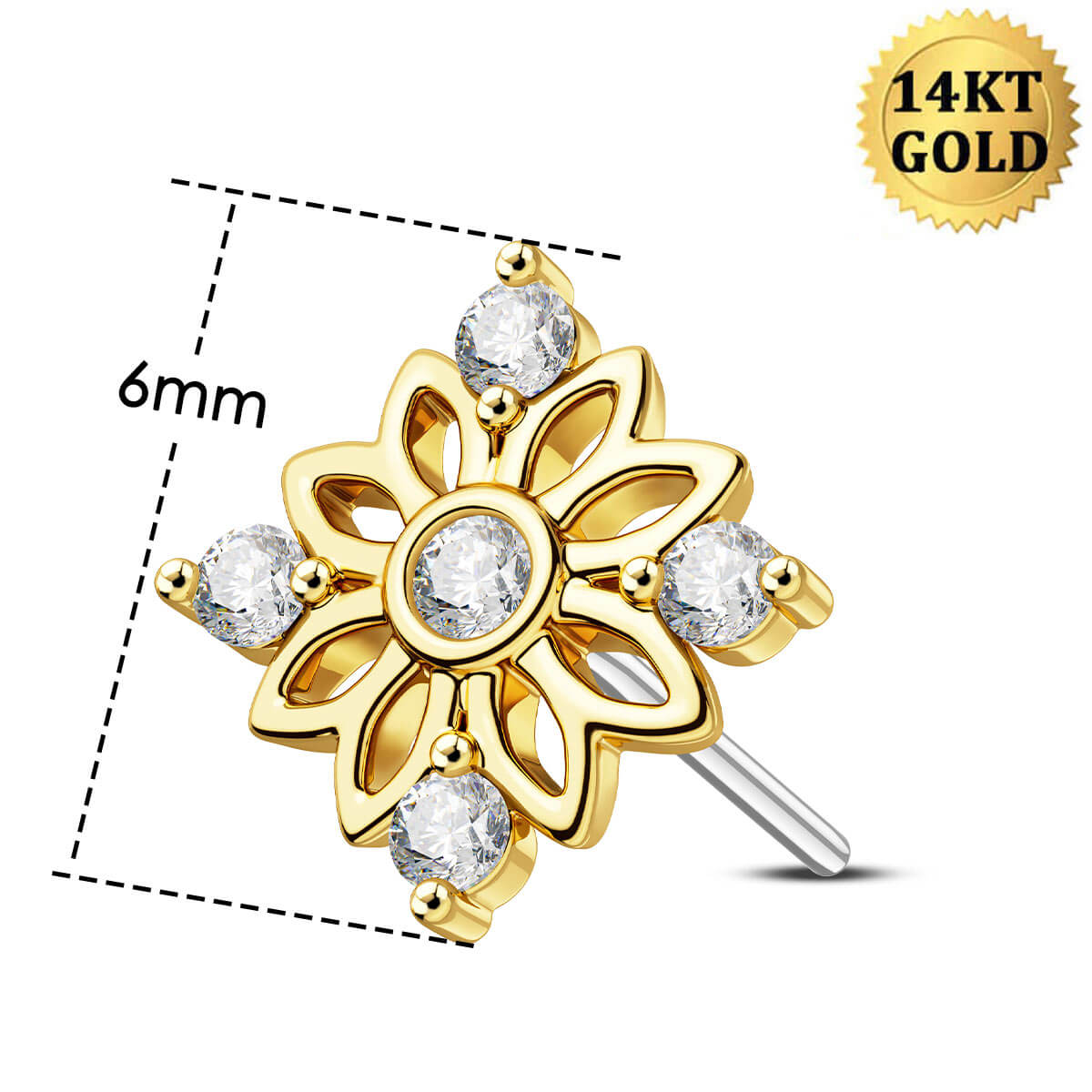 14K Solid Gold Symmetric CZ Flower Push Pin Cartilage Nose Stud