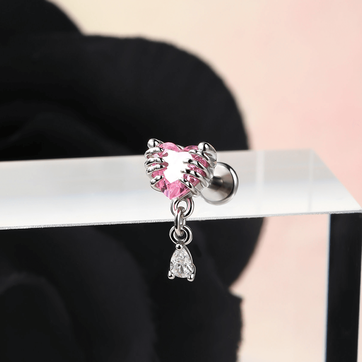 Hand Hold Pink Heart CZ Internally Threaded Helix Stud