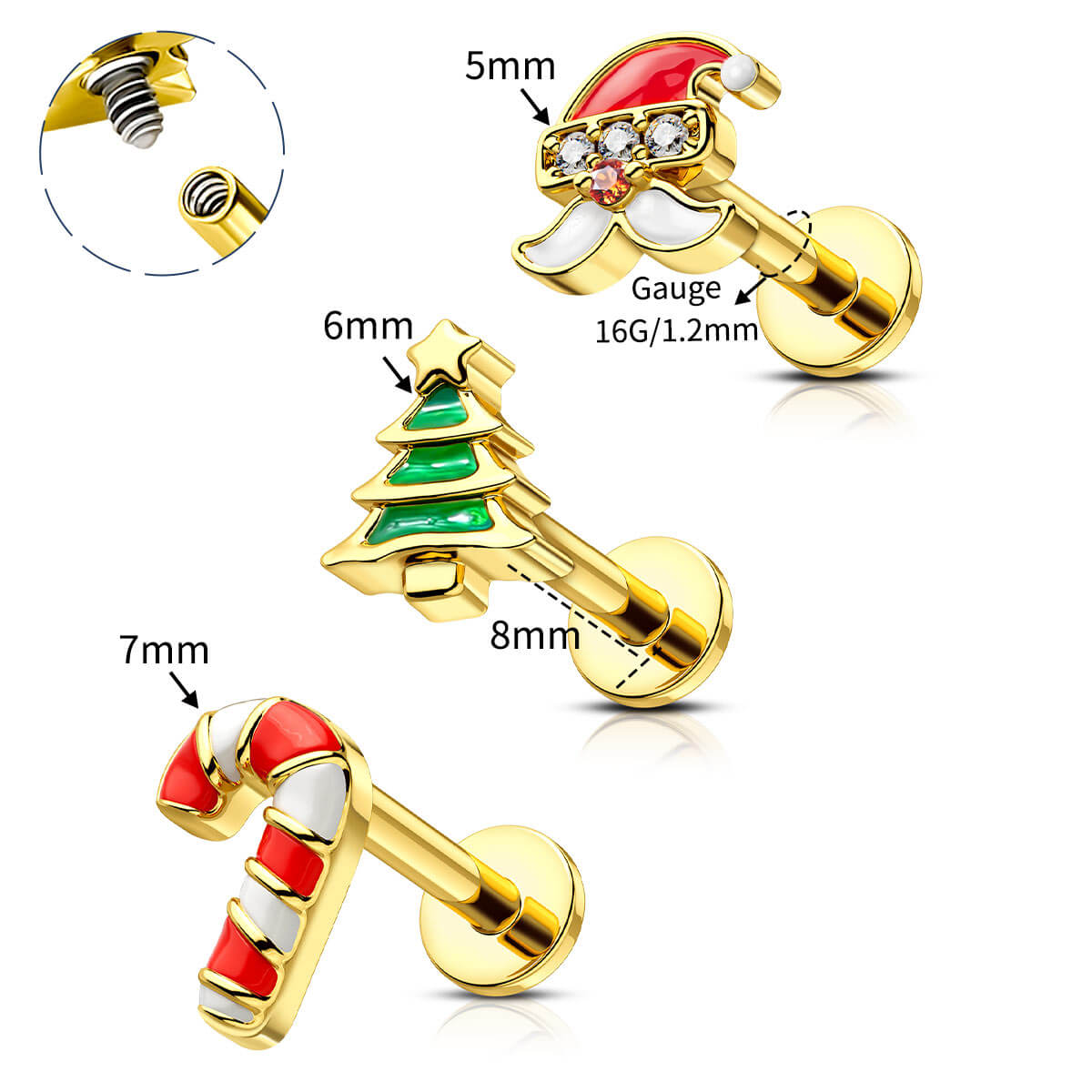 8mm christmas cartilage earrings