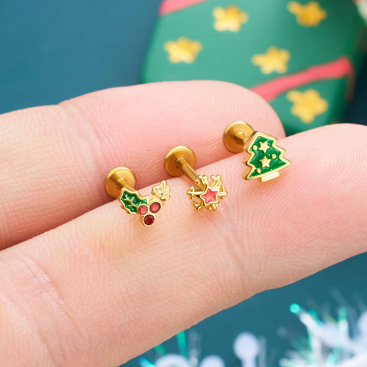 gold christmas cartilage earrings