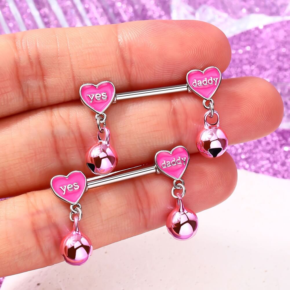 14G 4PCS Melting Letter Dangle Bell Pink Nipple Rings