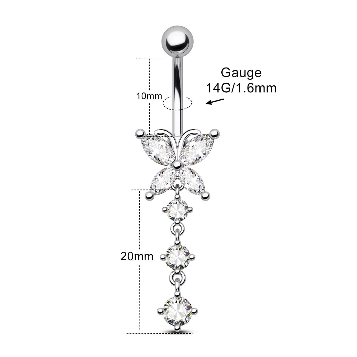 14g long dangle butterfly belly ring