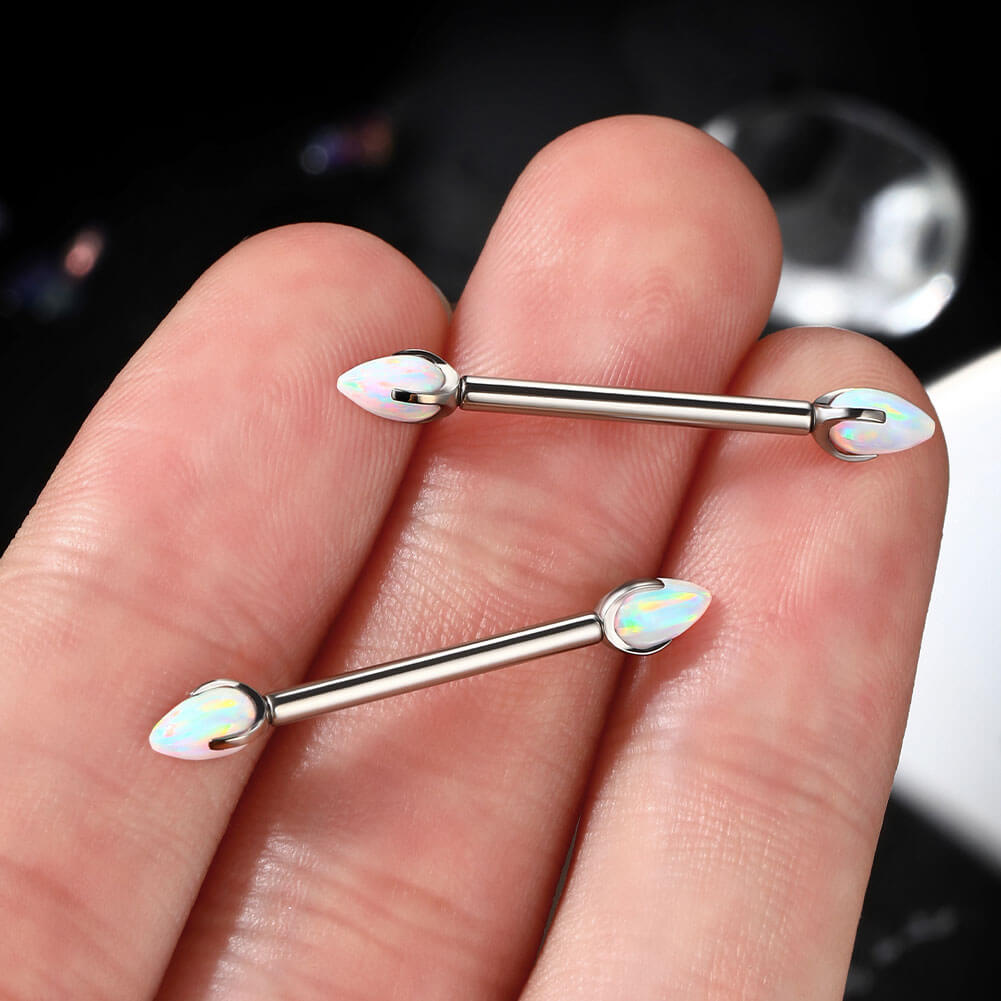 14G 2PCS Titanium Internally Threaded Opal Nipple Rings