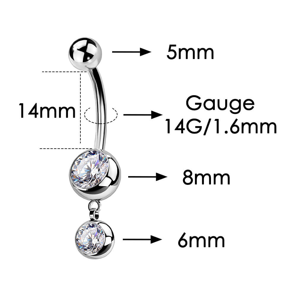 14G 14-16mm Titanium Internally Threaded Round Clear CZ Belly Button Ring