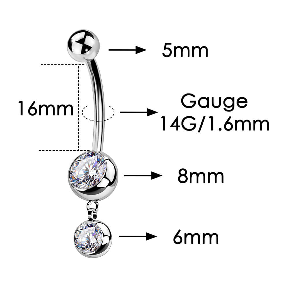 14G 14-16mm Titanium Internally Threaded Round Clear CZ Belly Button Ring