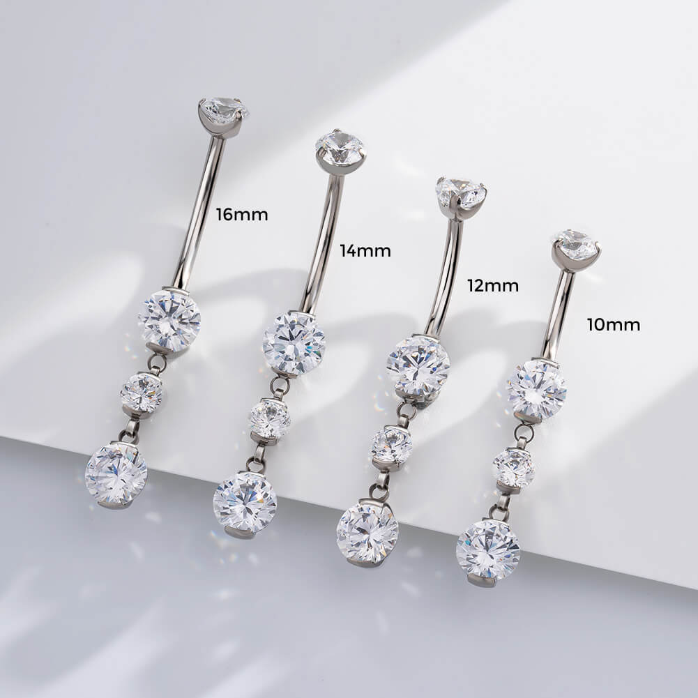 14G 10-16mm Titanium Internally Threaded Dangle CZ Gems Belly Button Ring