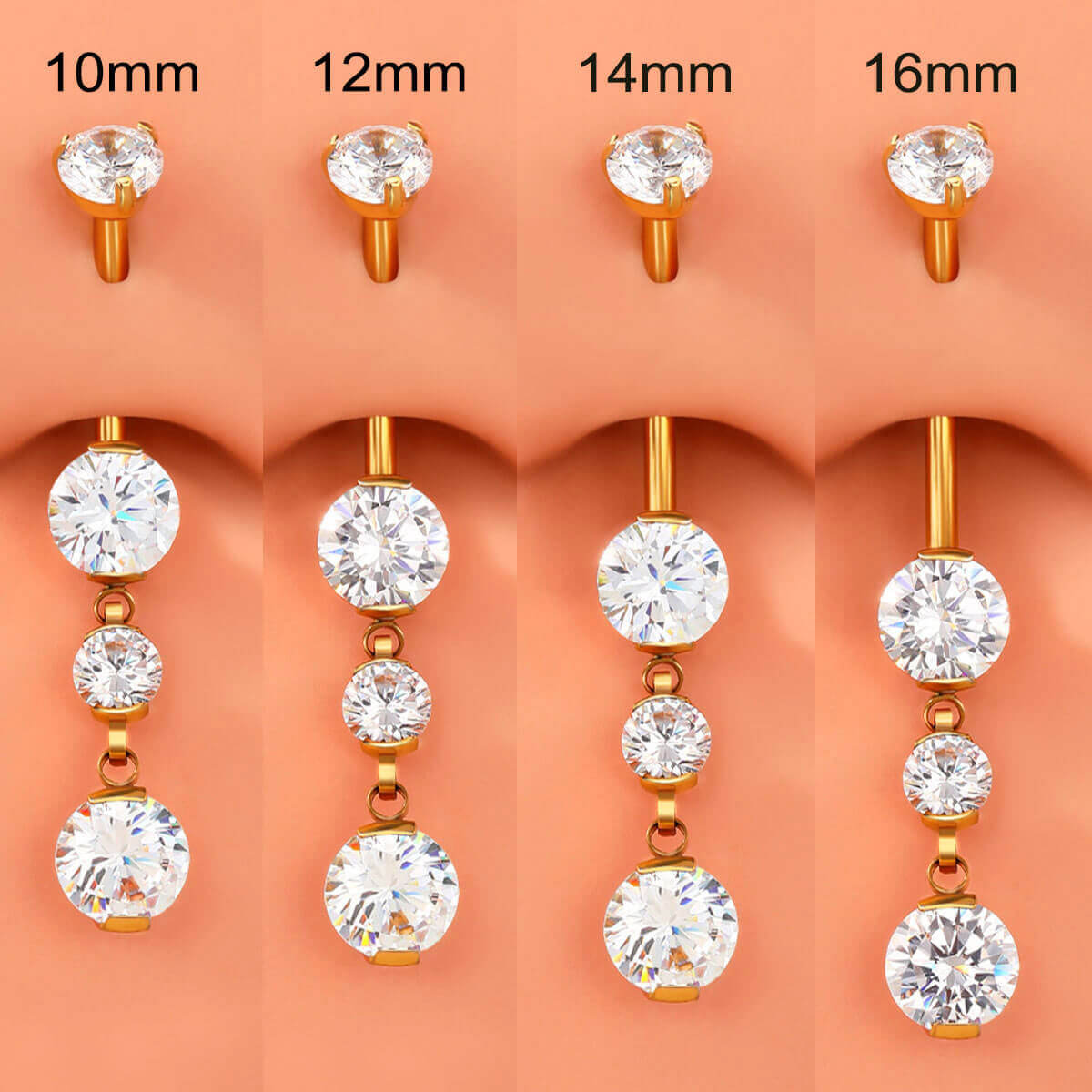 14G 10-16mm Titanium Internally Threaded Dangle CZ Gems Belly Button Ring