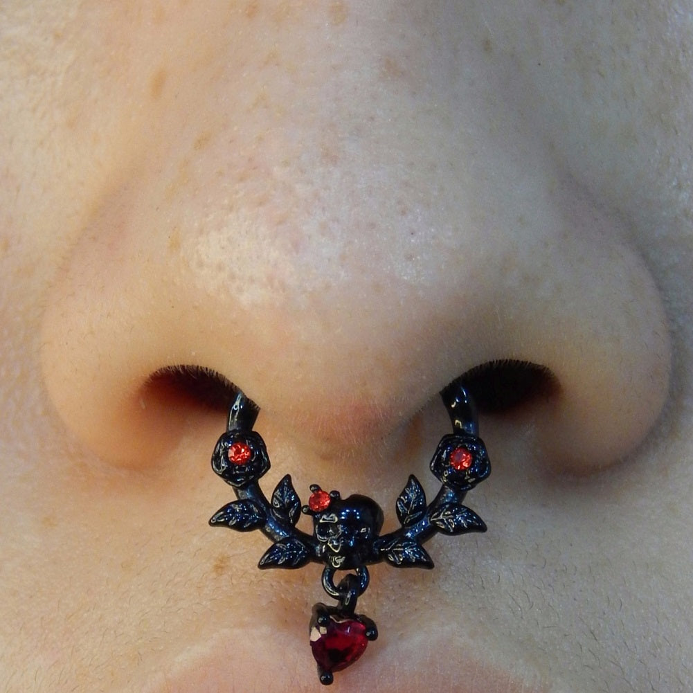 16G Rose Leaves Skull Head Red Gem Dangle Septum Ring Daith Earring