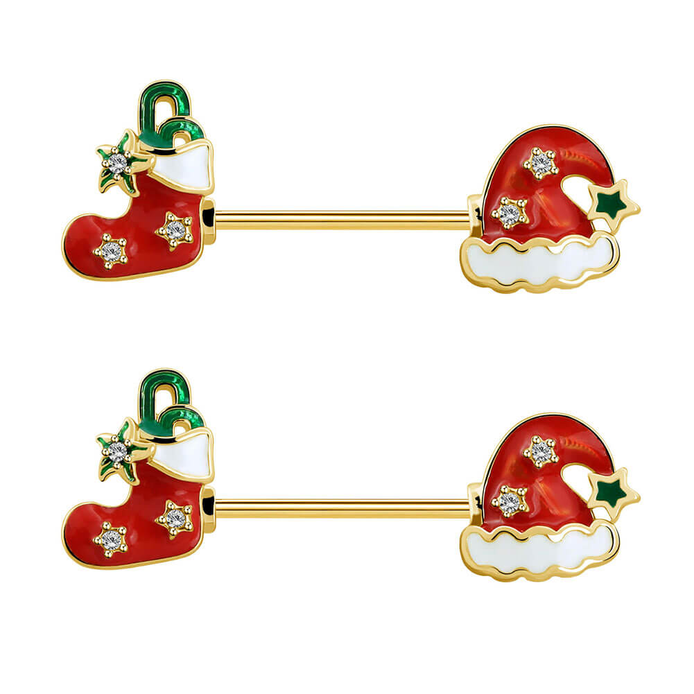 2Pcs 14G Stocking and Hat Christmas Gold Nipple Barbell - OUFER BODY JEWELRY 