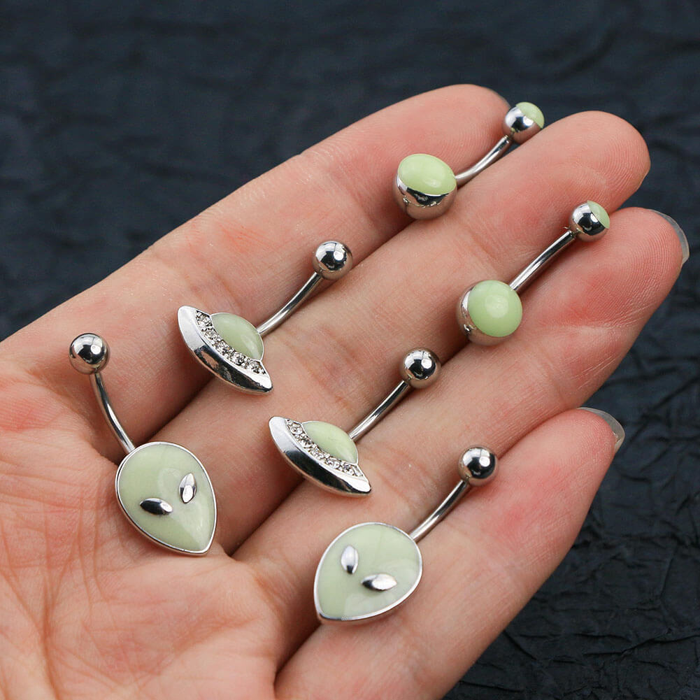 3PCS Stainless Steel Alien Theme Glow in The Dark Belly Rings Pack - OUFER BODY JEWELRY 