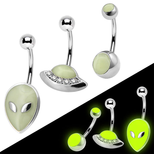 3PCS Stainless Steel Alien Theme Glow in The Dark Belly Rings Pack - OUFER BODY JEWELRY 