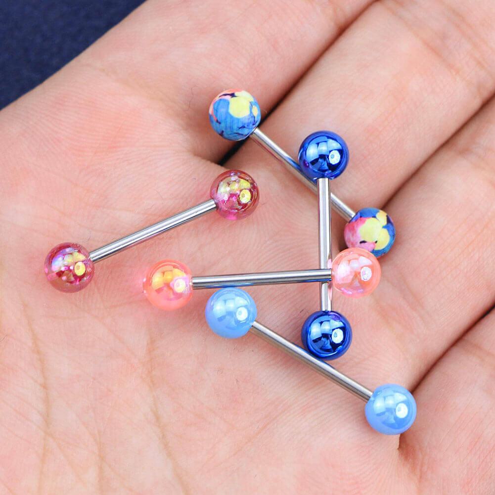 14G 5Pcs Blue Pink Flower Tongue Barbell Ring - OUFER BODY JEWELRY 