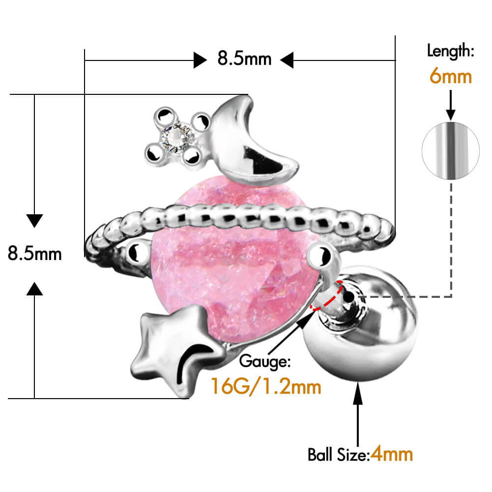 16G Pink Gemstone Silver and Rose Gold Planet Barbell Helix Stud - OUFER BODY JEWELRY 