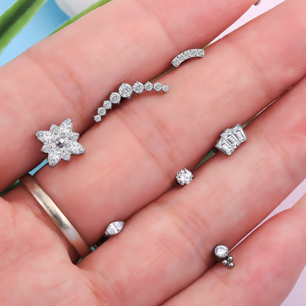 16G Titanium Internally Threaded CZ Flower Cartilage Push Pin Stud Collection