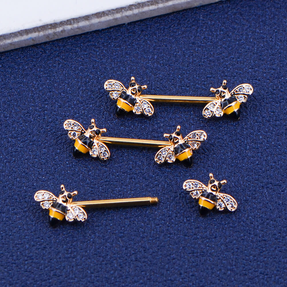 14G Crystal CZ Golden Honeybee Nipple Barbell Jewelry - OUFER BODY JEWELRY 