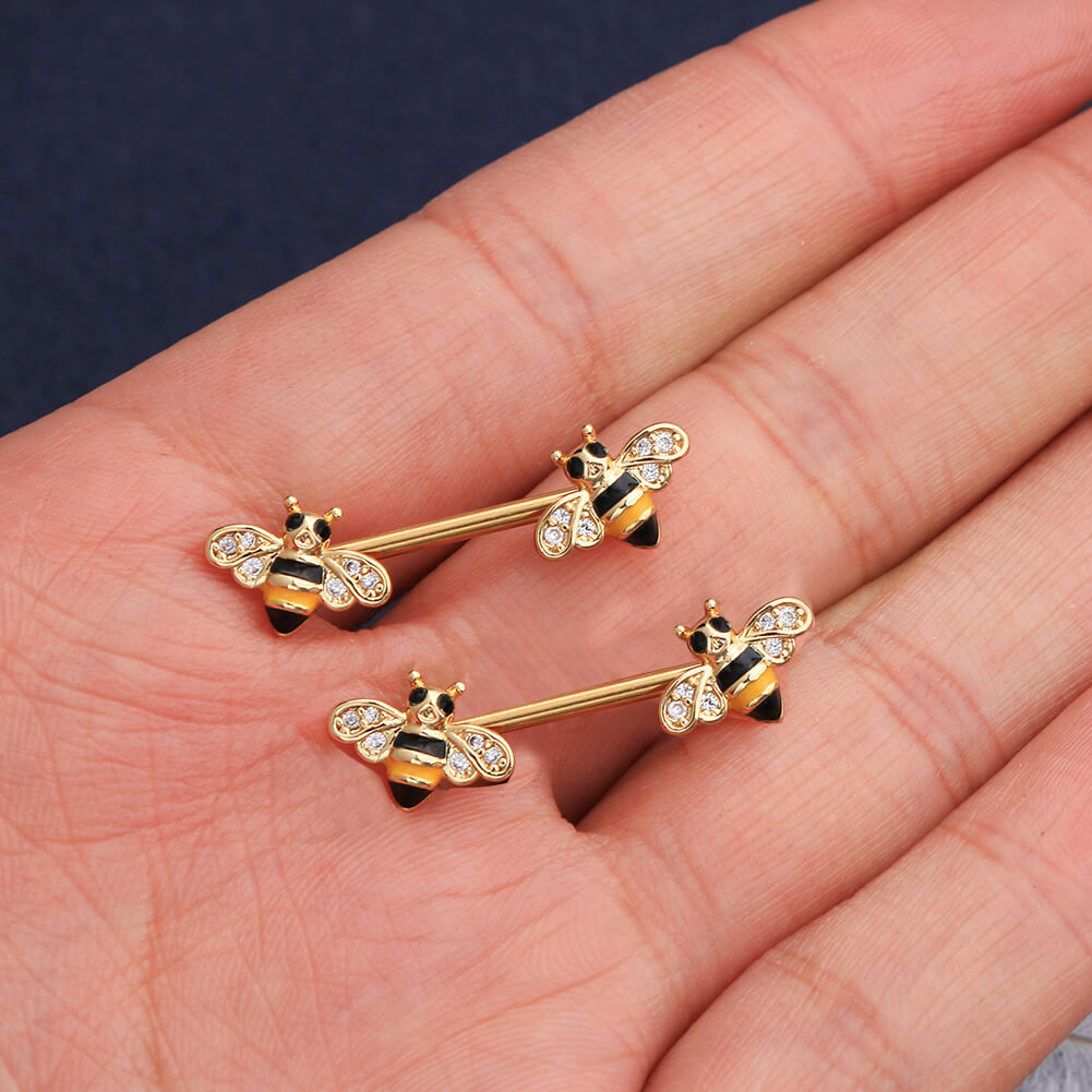 14G Crystal CZ Golden Honeybee Nipple Barbell Jewelry - OUFER BODY JEWELRY