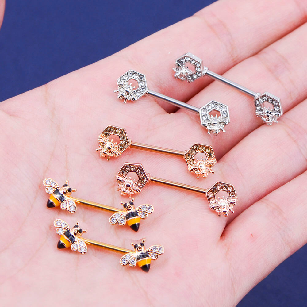 14G Crystal CZ Golden Honeybee Nipple Barbell Jewelry - OUFER BODY JEWELRY 