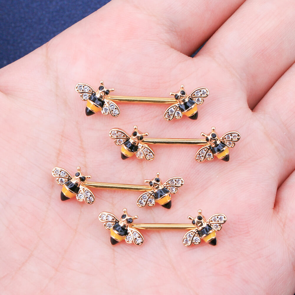 14G Crystal CZ Golden Honeybee Nipple Barbell Jewelry - OUFER BODY JEWELRY 