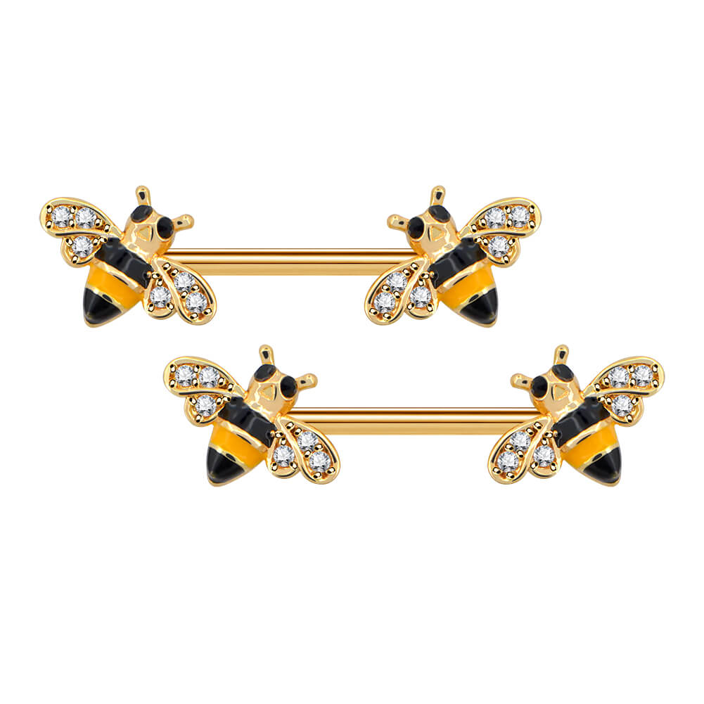 14G Crystal CZ Golden Honeybee Nipple Barbell Jewelry - OUFER BODY JEWELRY 