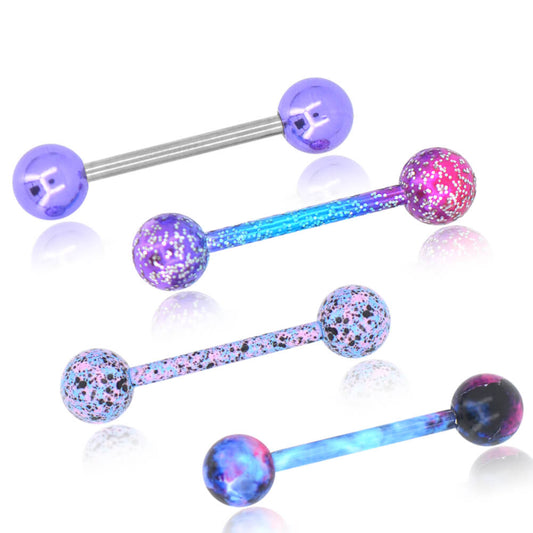 4pcs 14 Gauge Planet Color Glitter Swirl Splatter Tongue Barbell - OUFER BODY JEWELRY 