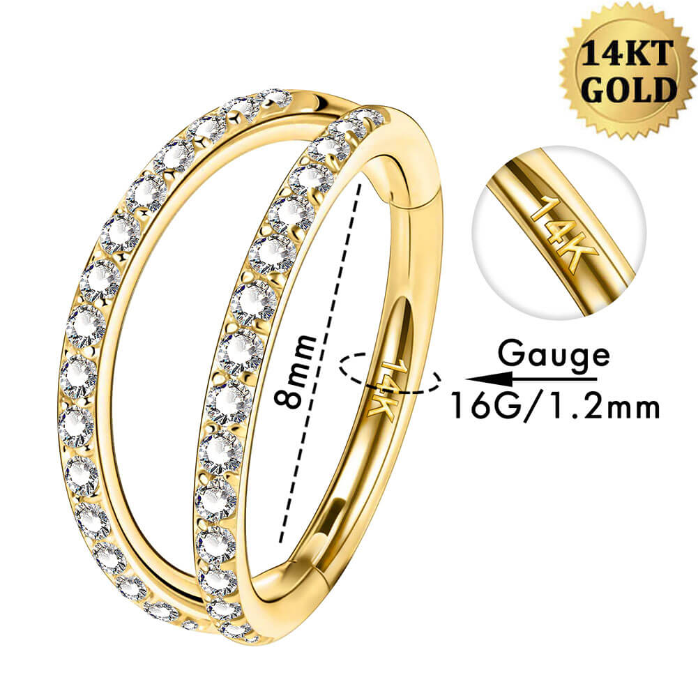 14K Oro Doble Fila CZ 16G Hélice Pendientes Anillo de Septum