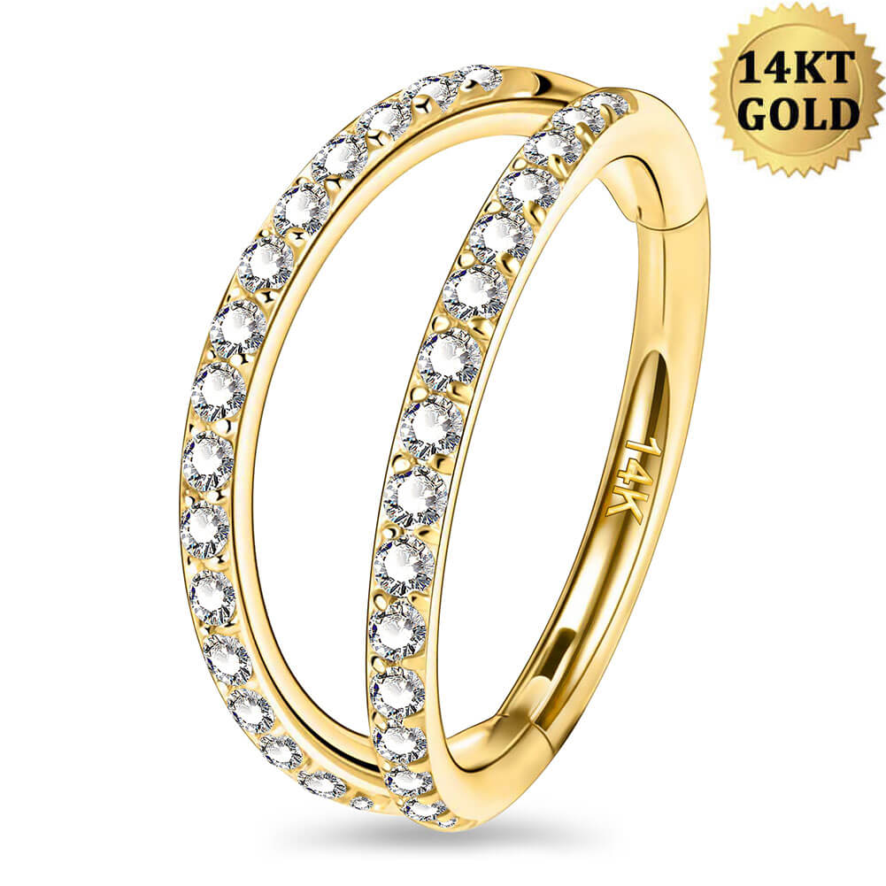 14K Oro Doble Fila CZ 16G Hélice Pendientes Anillo de Septum