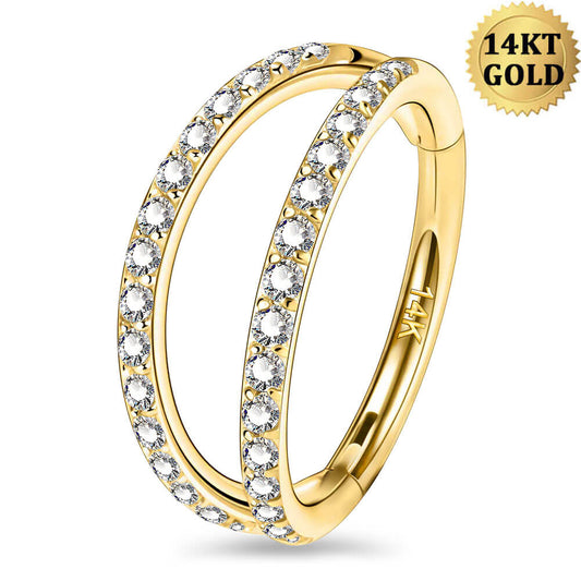 14K Oro Doble Fila CZ 16G Hélice Pendientes Anillo de Septum