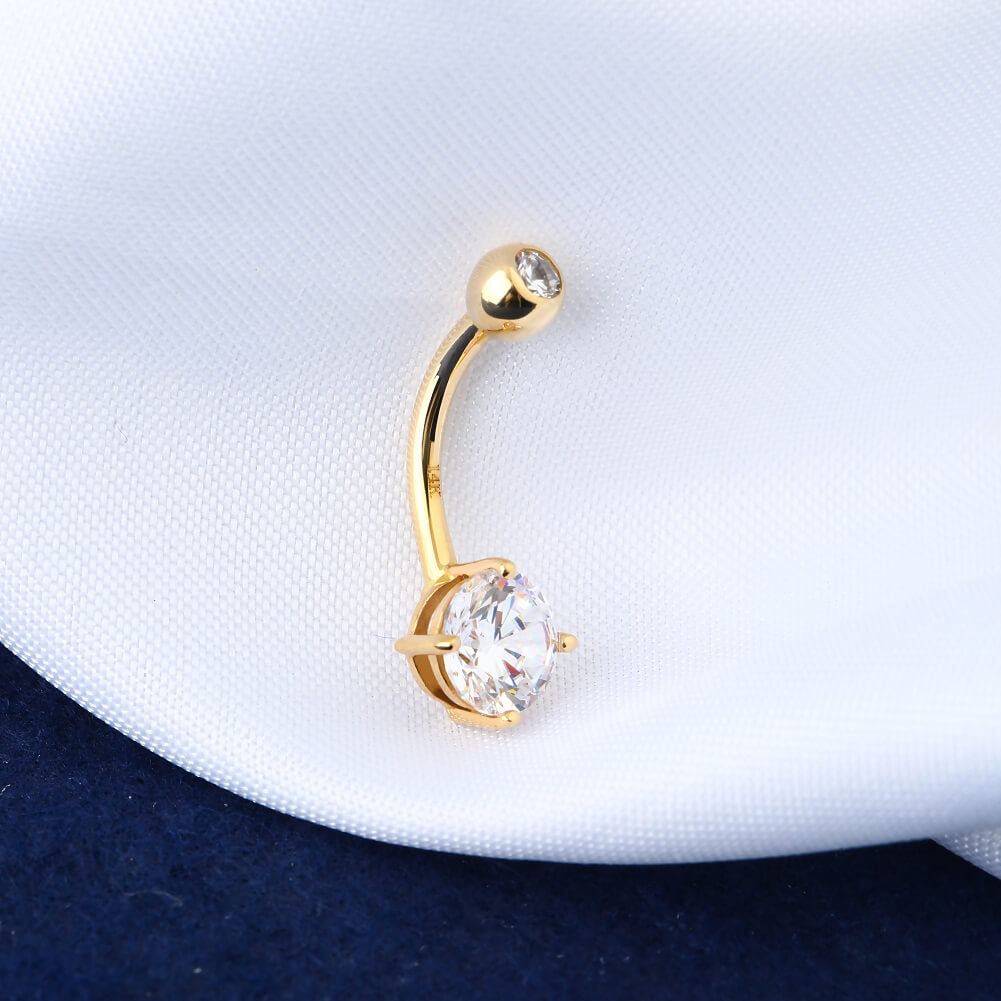 14K Gold Belly Ring 14G Round CZ Diamond Belly Button Ring - OUFER BODY JEWELRY