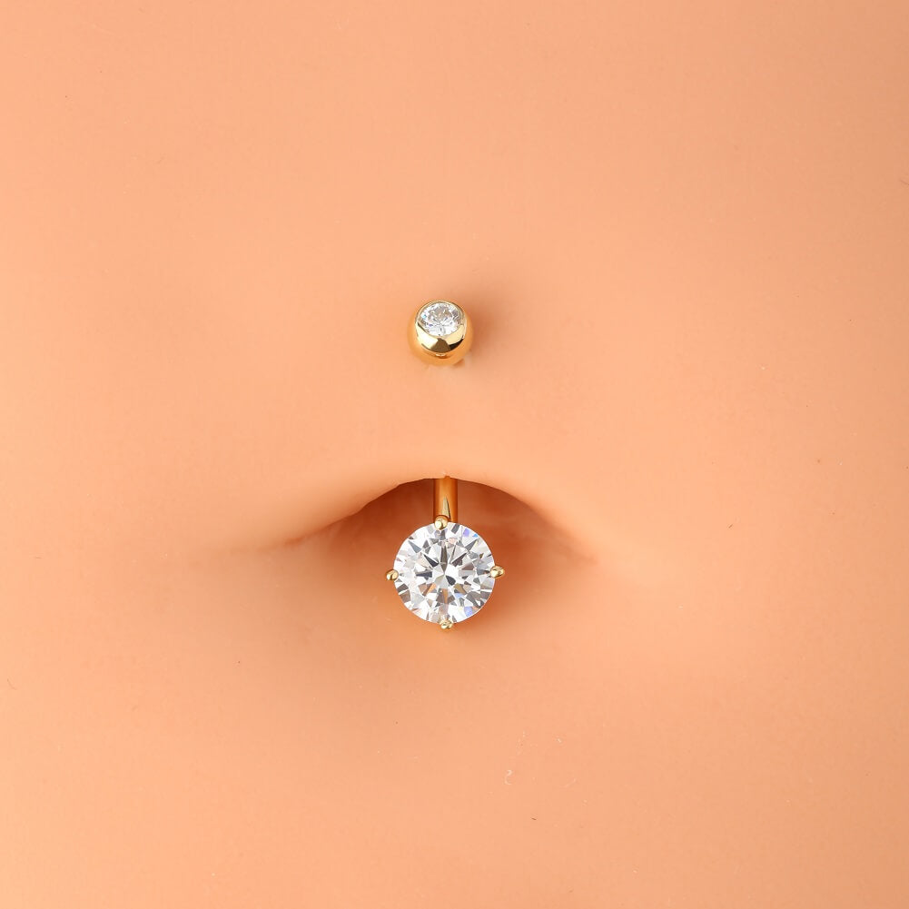 14K Gold Belly Ring 14G Round CZ Diamond Belly Button Ring - OUFER BODY JEWELRY