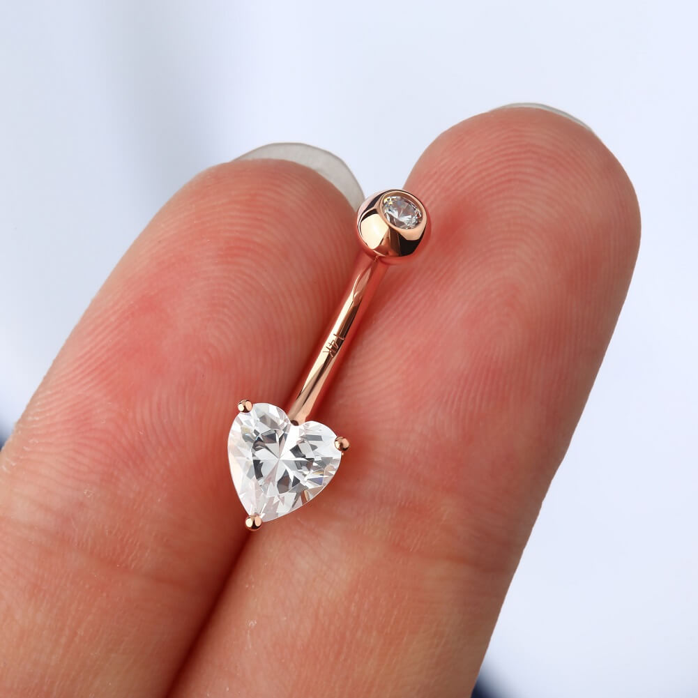 14K Rose Gold Belly Button Rings 14G Heart Solitaire CZ Navel Ring - OUFER BODY JEWELRY