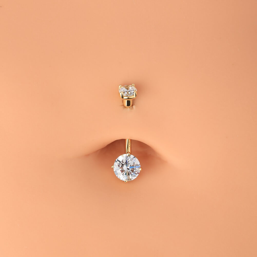 14K Solid Gold Navel Ring Top and Bottom CZ Belly Button Ring - OUFER BODY JEWELRY