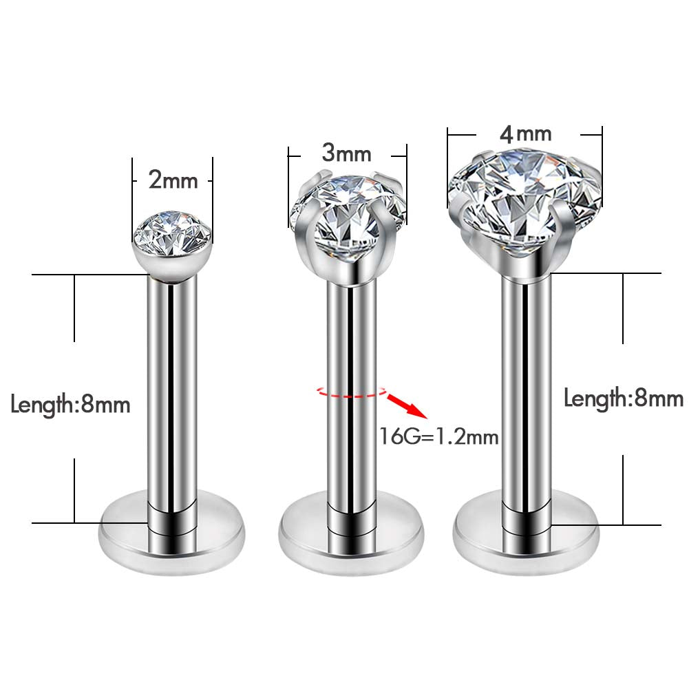 3Pcs 16G Crystal CZ Labret/Monroe Stud Internally Threaded Helix Studs - OUFER BODY JEWELRY 