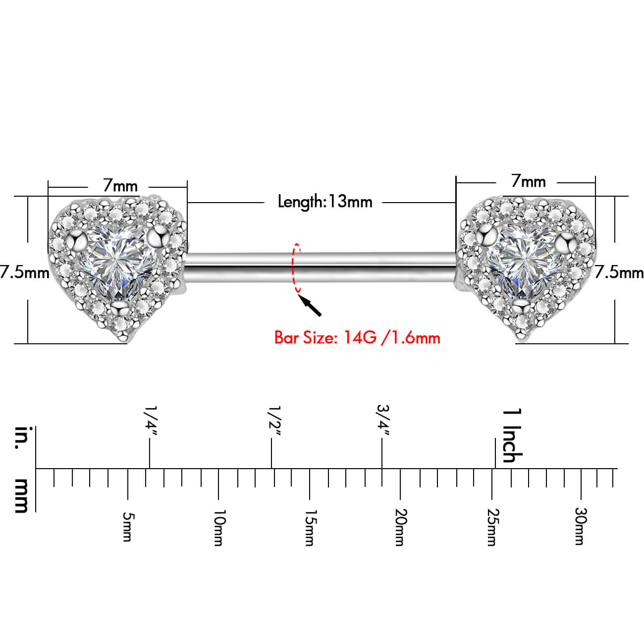 2Pcs 14G 316L Stainless Steel CZ Heart Nipple Ring - OUFER BODY JEWELRY 