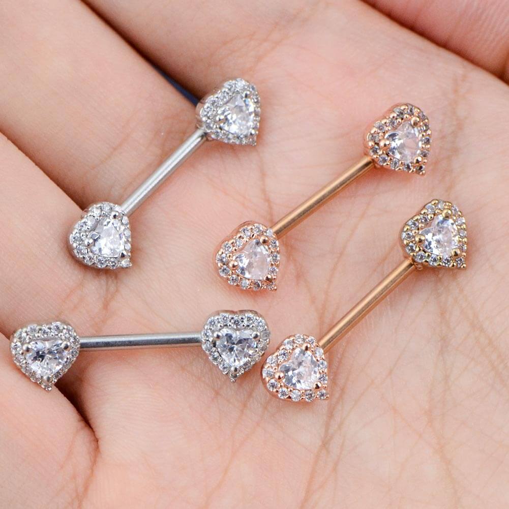 2Pcs 14G 316L Stainless Steel CZ Heart Nipple Ring - OUFER BODY JEWELRY 