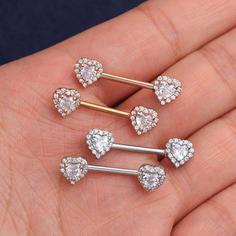 2Pcs 14G 316L Stainless Steel CZ Heart Nipple Ring - OUFER BODY JEWELRY