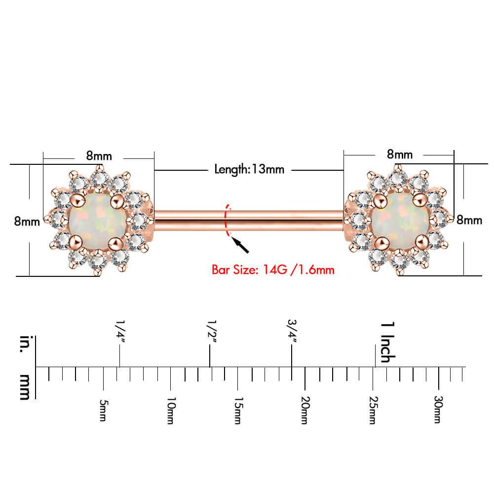 14G 316L Stainless Steel Barbell CZ Surrounded Opal Nipple Rings - OUFER BODY JEWELRY 