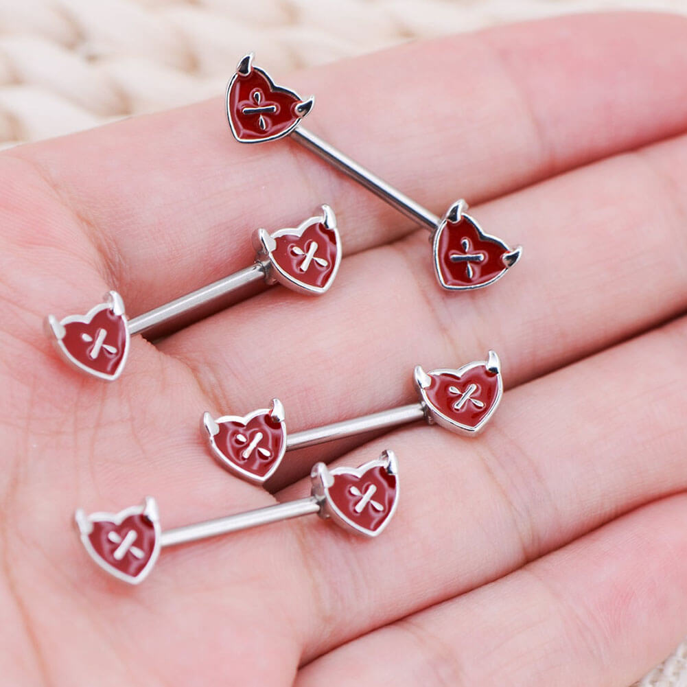 2PCS 14G Little Devil Red Heart Shaped Nipple Rings - OUFER BODY JEWELRY 