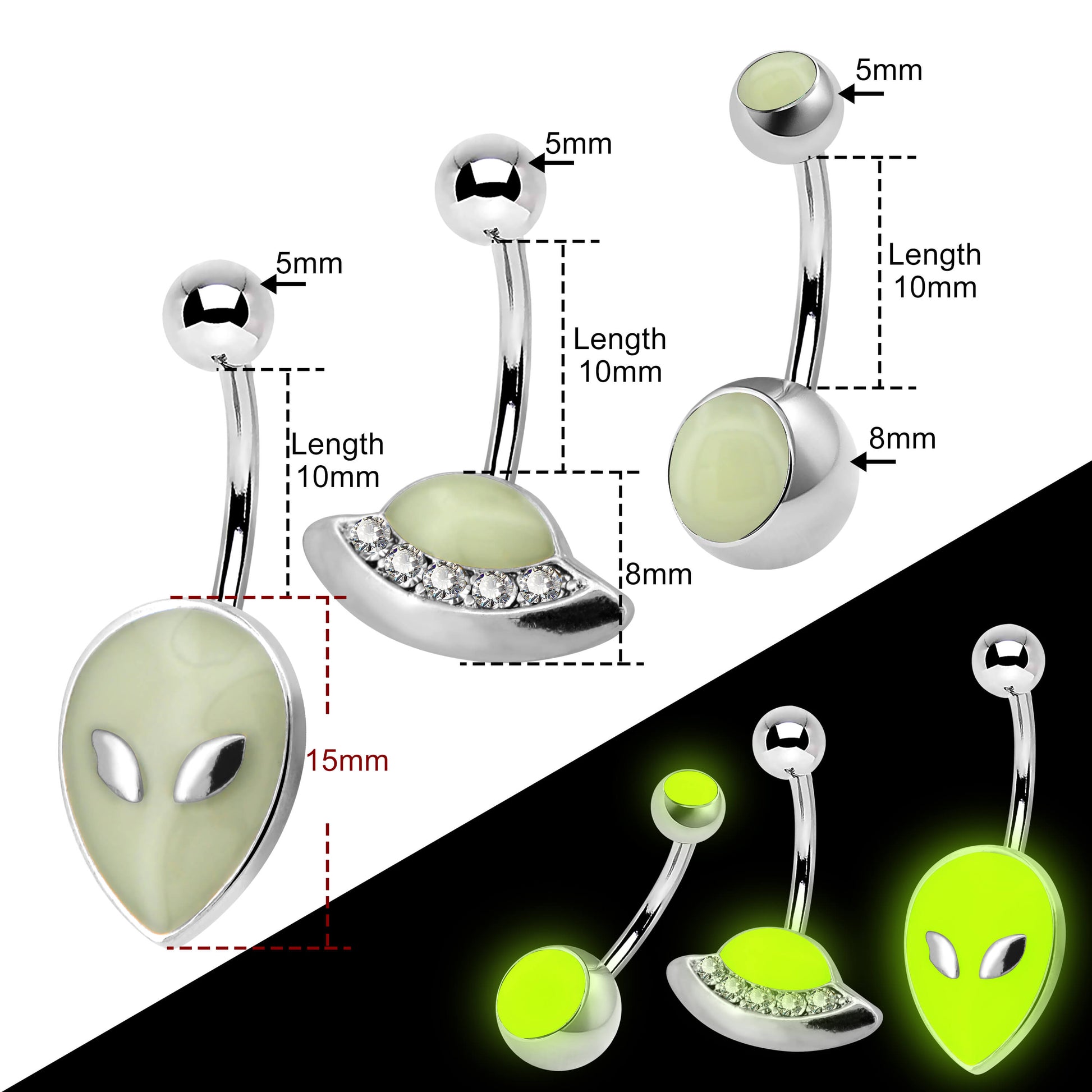 3PCS Stainless Steel Alien Theme Glow in The Dark Belly Rings Pack - OUFER BODY JEWELRY 