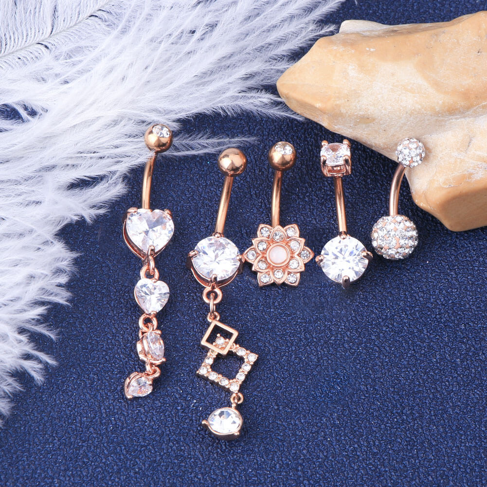 14G Rose Gold Stainless Steel Clear CZ Belly Button Rings Set 2 - OUFER BODY JEWELRY