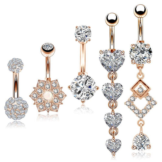 14G Rose Gold Stainless Steel Clear CZ Belly Button Rings Set 2 - OUFER BODY JEWELRY 