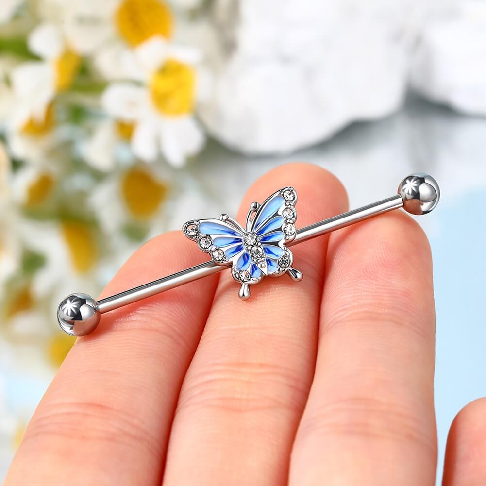 blue butterfly industrial barbell oufer body jewelry