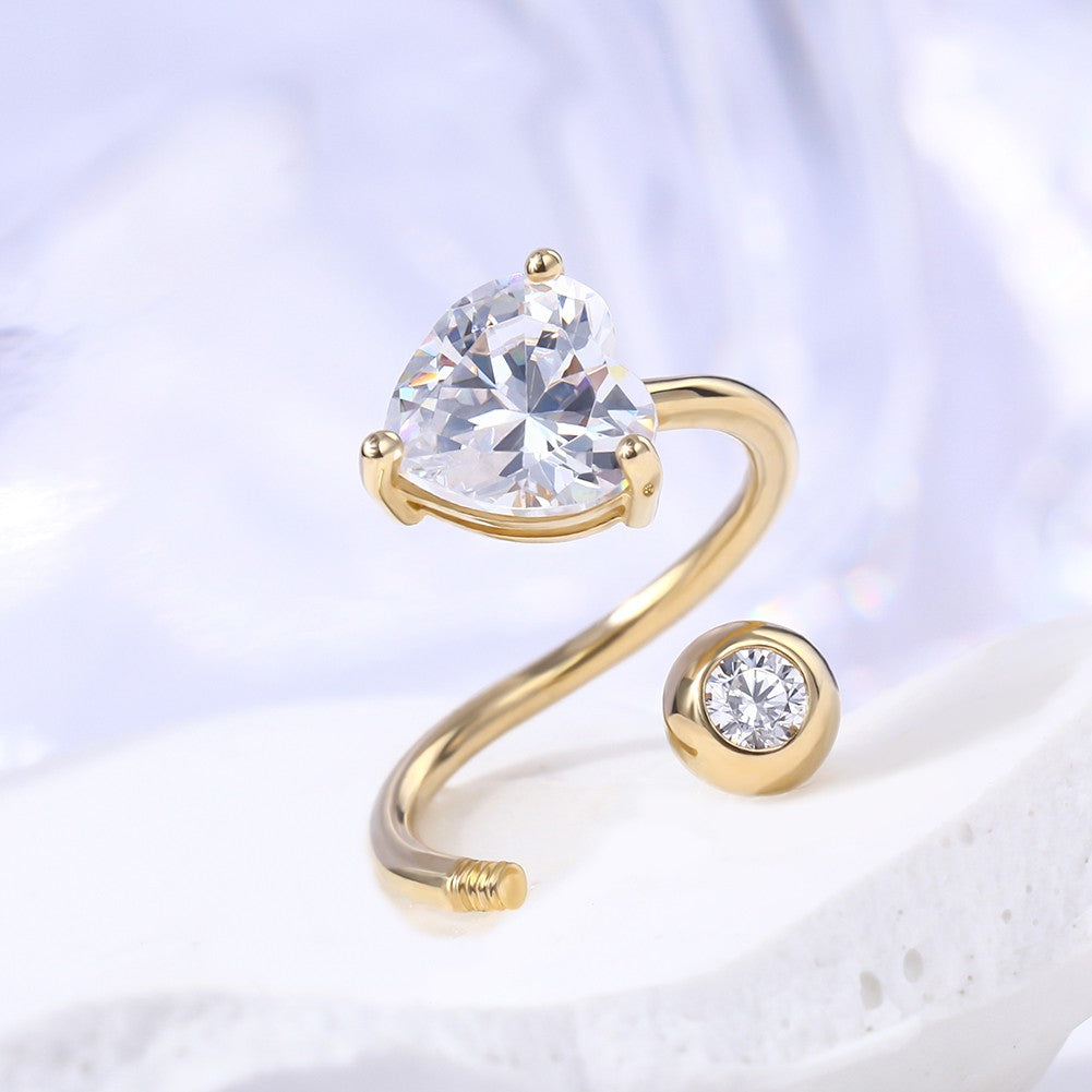 14K Gold 16G Heart CZ S-shaped Cartilage Earring